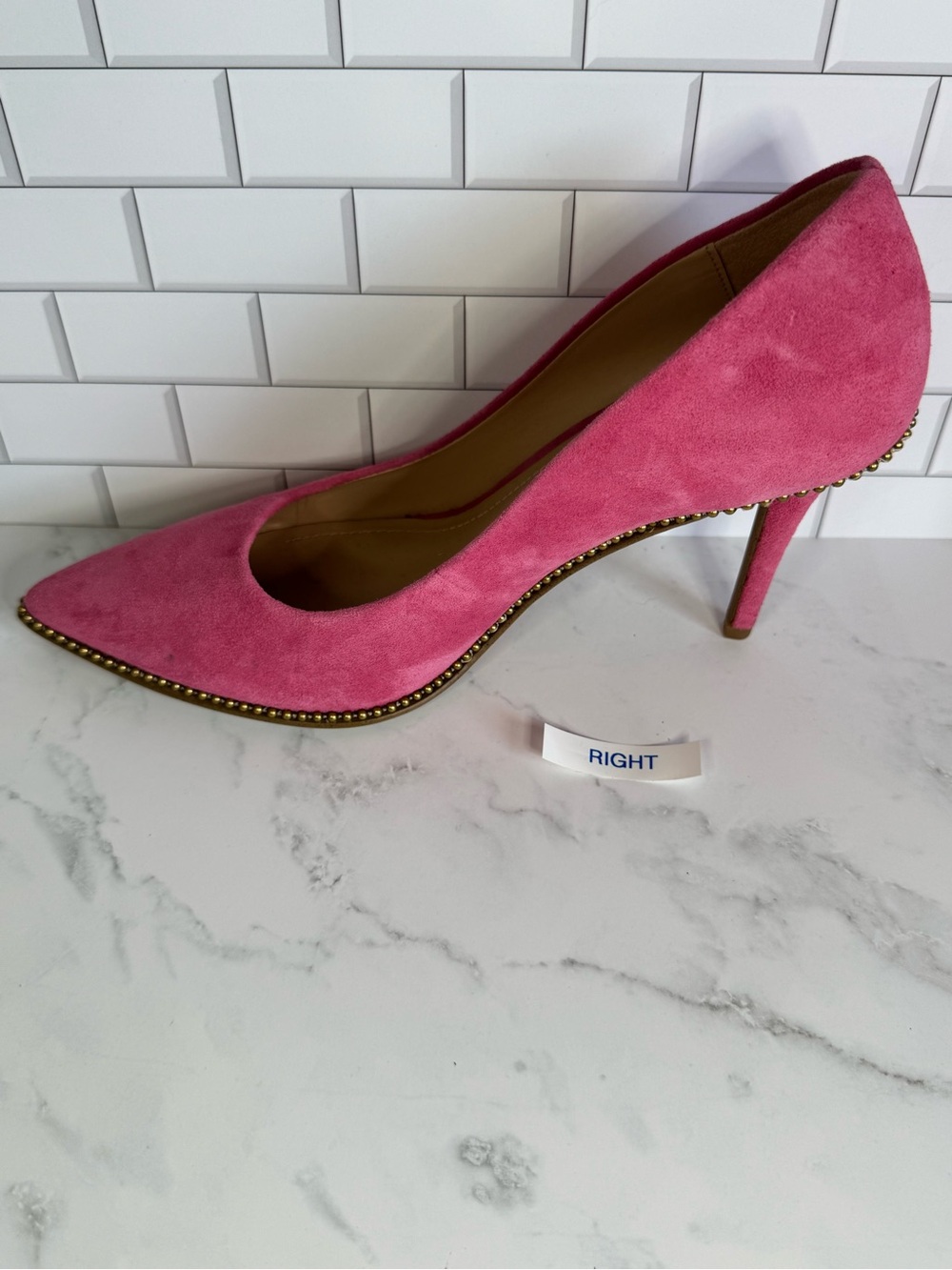 COACH Pink Suede Pointed Toe Pumps with Brass Studded Trim. - Picture 10 of 12